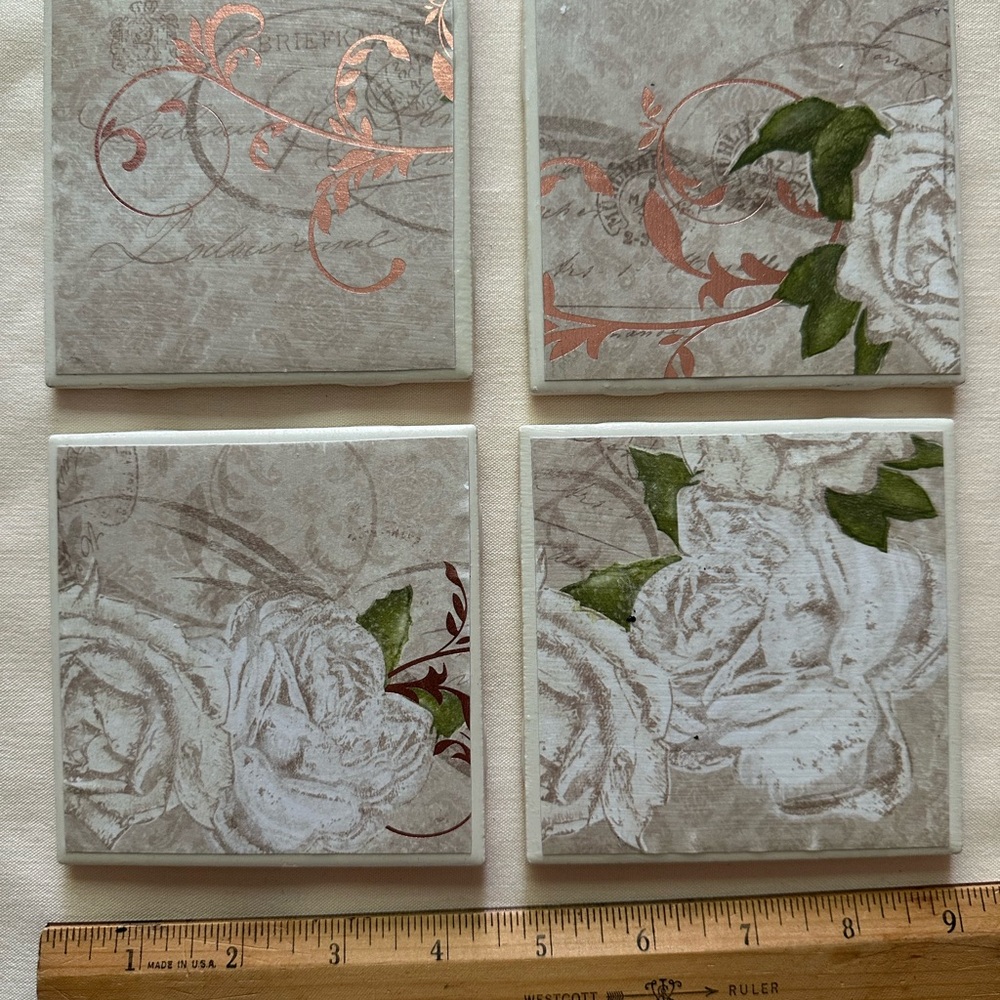 Set of Four White Ceramic Coasters, 4” square tiles rose floral